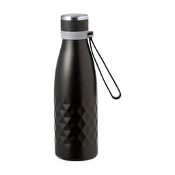 A drink bottle featuring a black, diamond-patterned design with a silver cap and a black carry strap.