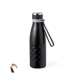 A drink bottle in matte black with a diamond texture, featuring a silver lid and a loop handle, includes a logo.