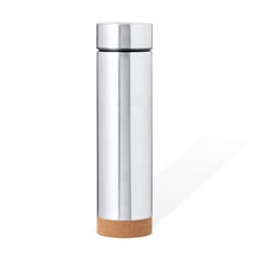 A drink bottle featuring a sleek stainless steel body with a cork base, accompanied by a logo.