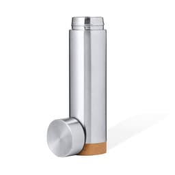 A drink bottle with a sleek stainless steel body and a cork base, featuring a screw top lid.