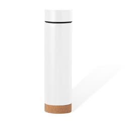 A drink bottle in white with a cork base, featuring a sleek design and a logo on the body.