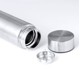 A drink bottle in stainless steel with a threaded opening and a separate metal cap. Features a simple design with a logo.