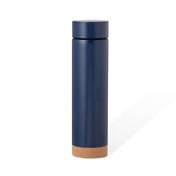 A drink bottle in navy blue with a cork bottom and a sleek design, featuring a logo.