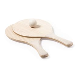 Two wooden beach rackets in light natural tones, accompanied by a small ball, on a white background.