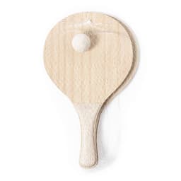 A pair of wooden beach rackets with a white ball, displayed in a netted packaging.