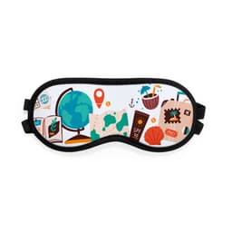A sleep mask featuring a travel theme with maps, a globe, and ocean icons, predominantly in shades of blue and green.