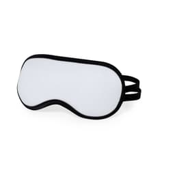 A sleep mask in white with a black trim and elastic straps, featuring a logo on the front.