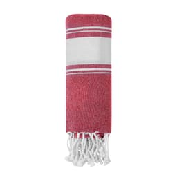 A red and white towel with a striped pattern and frayed edges, featuring a logo on the design.