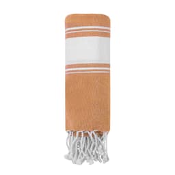 A lightweight, orange and white striped towel with tassels at the ends. It has a minimalist style and a soft texture.