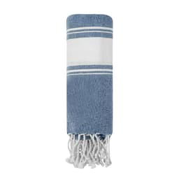 A blue and white striped towel with fringed edges and a logo. Ideal for leisure and outdoor activities.