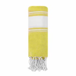 A yellow and white towel featuring decorative stripes and tassels at one end, with a logo present.