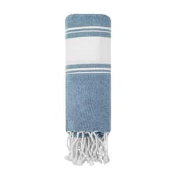 A blue and white striped towel with fringe details, featuring a logo on its surface.