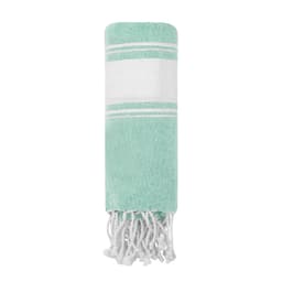 A green and white towel with fringed edges and a logo at the centre, suitable for outdoor leisure activities.
