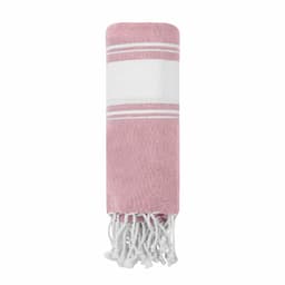 A pink towel with white stripes and fringed edges, featuring a branding logo.