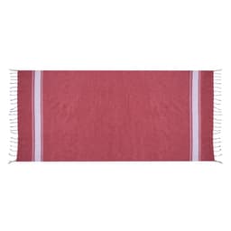 A red towel with white stripes and tasselled edges, ideal for leisure and outdoor activities.