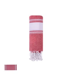 A red and white striped towel with fringed edges, featuring a logo. Suitable for leisure and outdoor activities.
