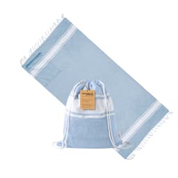 A blue drawstring bag with a white stripe design alongside a matching blue towel. The bag features a logo.