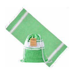 A green and white Carey Drawstring Bag alongside a matching green towel, both featuring a logo.