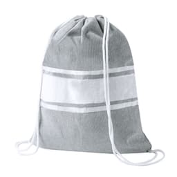 A grey drawstring bag with white stripes and a white logo area, featuring two drawstring cords.