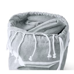 A grey drawstring bag with a white cord closure, featuring a simple, folded design. It has a logo on it.