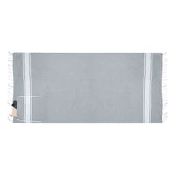 A grey drawstring bag with a white stripe design and tasselled edges, featuring a logo.