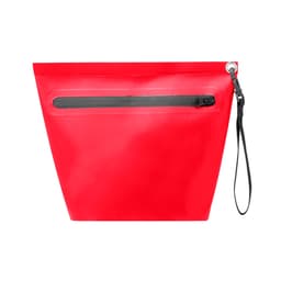 A red Dalmas bag featuring a zippered pocket and a black wrist strap. It has a sleek, modern design.