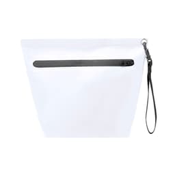 A white bag with a black zip and wrist strap, featuring a simple design and a branding logo.