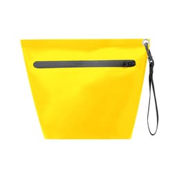 A bright yellow bag featuring a black zippered pocket and a wrist strap, with a minimalistic design.