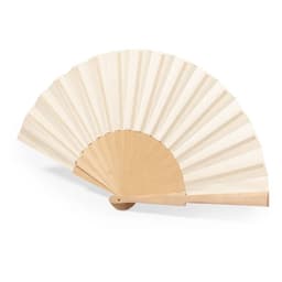 A hand fan with a wooden handle and cream-coloured pleats, featuring a simple design and a smooth finish.