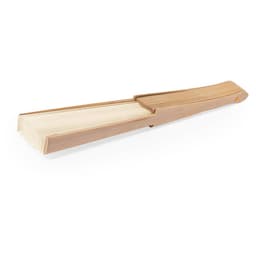 A hand fan made of bamboo and paper, featuring a natural wood finish with thin, foldable slats.