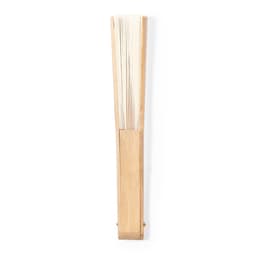 A hand fan with a wooden handle and pleated white fabric, featuring a logo on the handle.