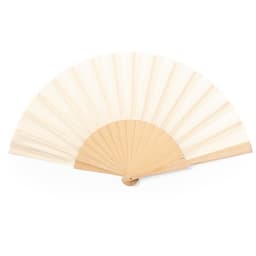 A hand fan with a wooden handle and cream-coloured fabric, featuring a simple design and smooth finish.
