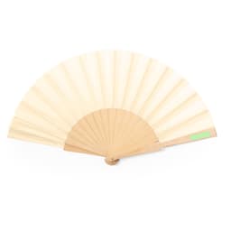 A hand fan with a light cream fabric and wooden frame, featuring a simple design and a small logo.