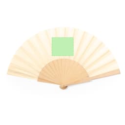 A hand fan with a cream-coloured design and wooden handle, featuring a blank area for customisation.