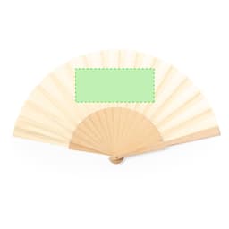 A wooden hand fan with a light wood finish and a blank, green section for customisation.
