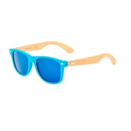 A pair of sunglasses featuring bright blue lenses and bamboo-style arms, with a logo on the frame.