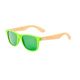 Bright green sunglasses with bamboo arms, featuring a logo on the side. Ideal for leisure and outdoor activities.