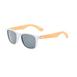 Sunglasses with white frames and bamboo arms, featuring dark grey lenses and a logo on the side.