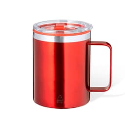 A red insulated travel mug with a stainless steel band and a clear lid. It features a sturdy handle for easy carrying.