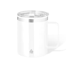 A white insulated travel mug featuring a stainless steel band and a clear lid, with a handle and a logo.