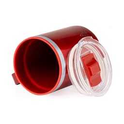A red insulated travel mug with a clear lid and a sliding opening mechanism. It features a logo on the side.