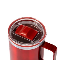 A red insulated travel mug with a transparent lid and a sliding closure. It features a sturdy handle.