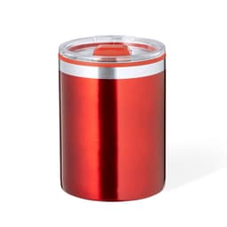 A red insulated travel mug with a clear lid and silver detailing. It features a logo on the exterior.