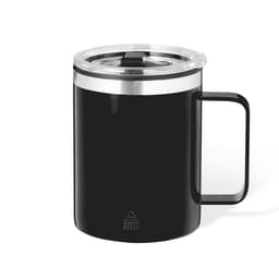 A drink bottle featuring a black insulated body, clear lid, and stainless steel accents. It includes a handle and a logo.