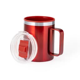 A travel mug in vibrant red with a clear lid and handle, featuring a metallic finish and branding.