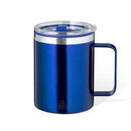A blue stainless steel insulated mug with a clear lid and a comfortable handle, featuring a logo.