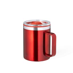 A drink bottle featuring a red insulated mug with a silver band and a transparent lid. It has a handle for easy gripping.