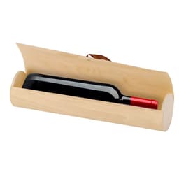 A wooden gift box with a rounded lid containing a wine bottle with a red cap. The box features a leather strap.