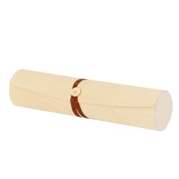 A cylindrical wooden pen case in a light natural colour, secured with a brown strap and button closure.