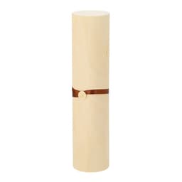 A cylindrical wooden tube with a brown ribbon wrapped around it, featuring a button fastener.